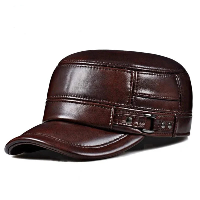 Winter Leather Military British Vintage Cap For Men Brown NALANI