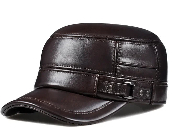 Winter Leather Military British Vintage Cap For Men Dark brown NALANI