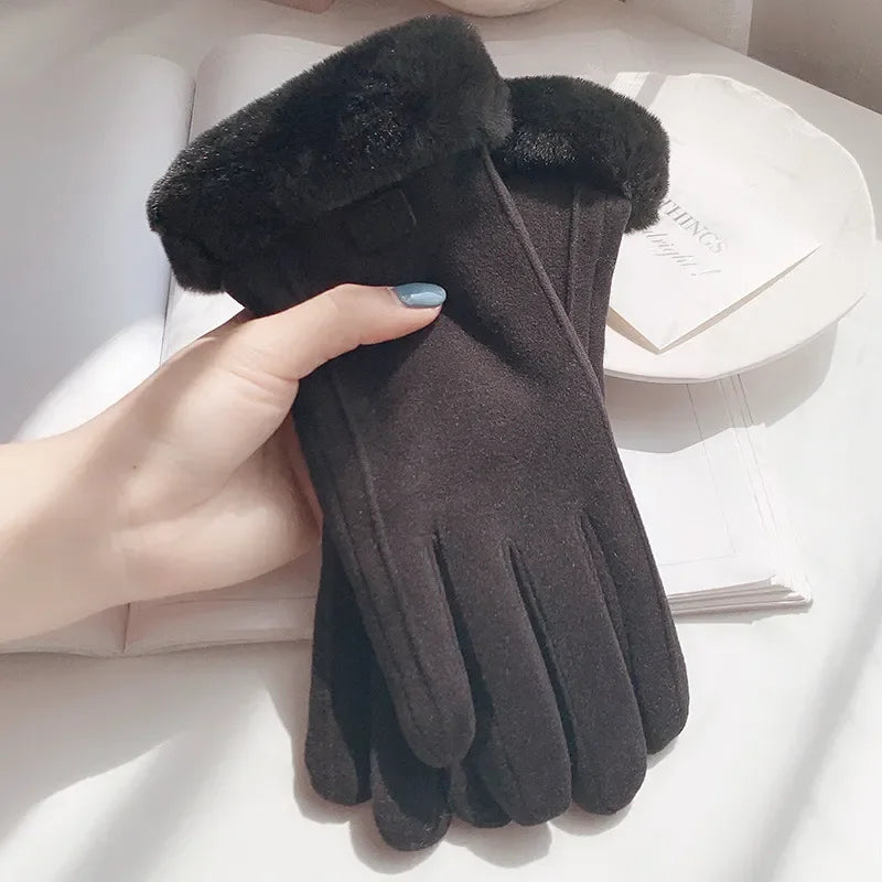 Womens Thick Plush Winter Gloves With Suede Touchscreen Black NALANI
