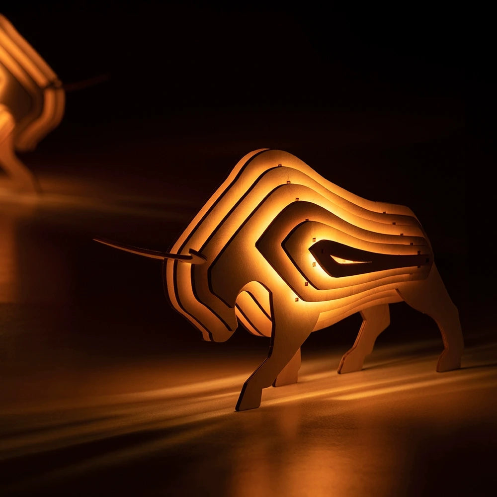 Wooden Animal Light Unique 3D Design Creative Home Decor Lamp Bull NaLani