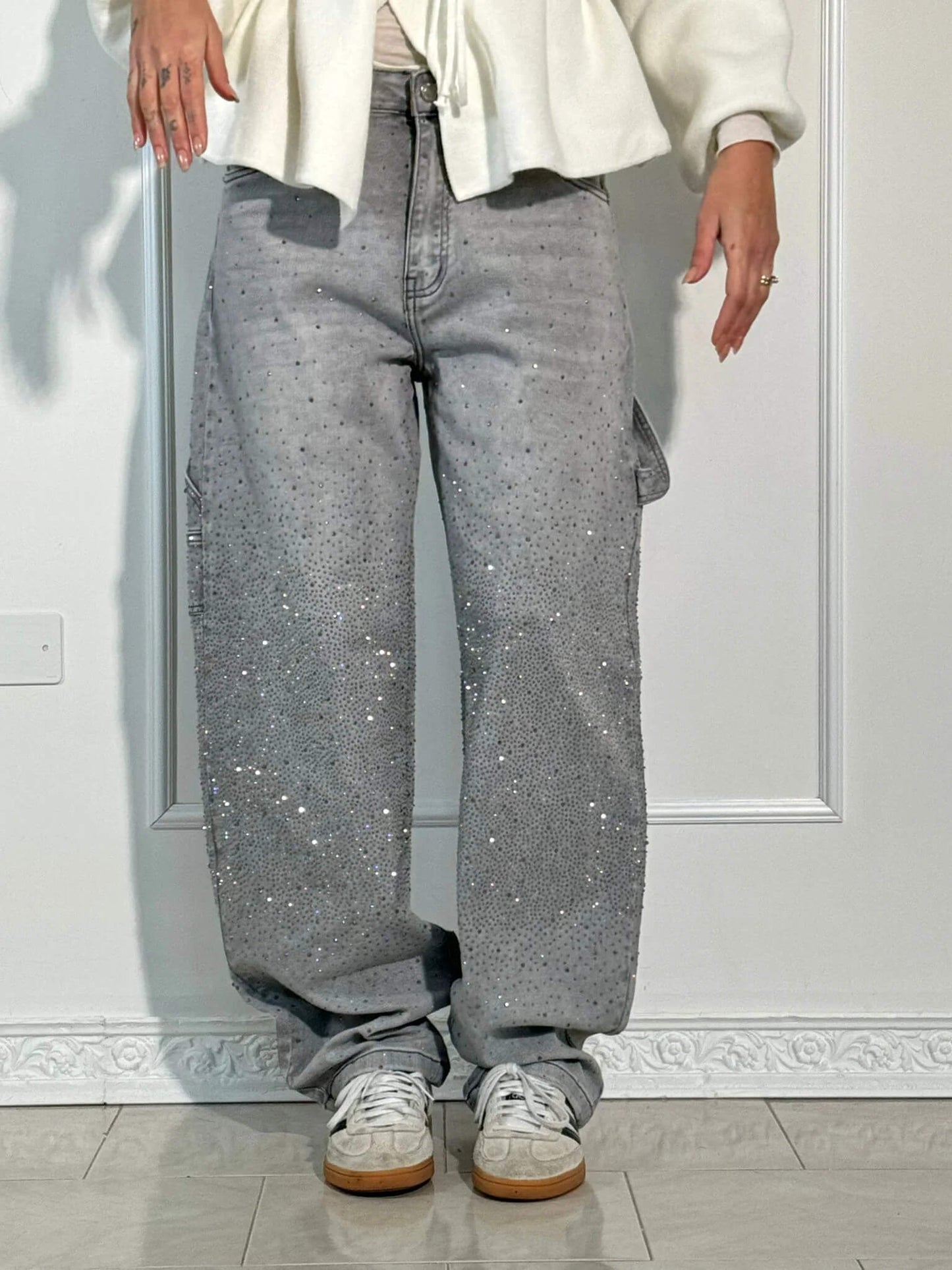 Women’s Blue Black Baggy Jeans – Balloon Fit – Sparkling Embellished Details – Full Length Denim