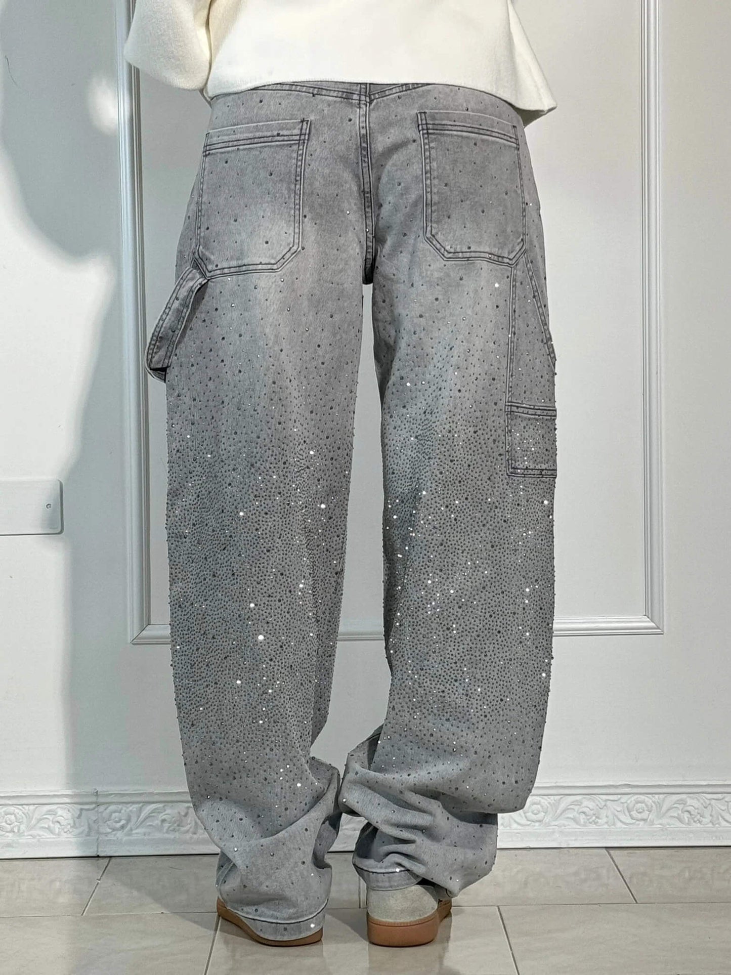 Women’s Blue Black Baggy Jeans – Balloon Fit – Sparkling Embellished Details – Full Length Denim
