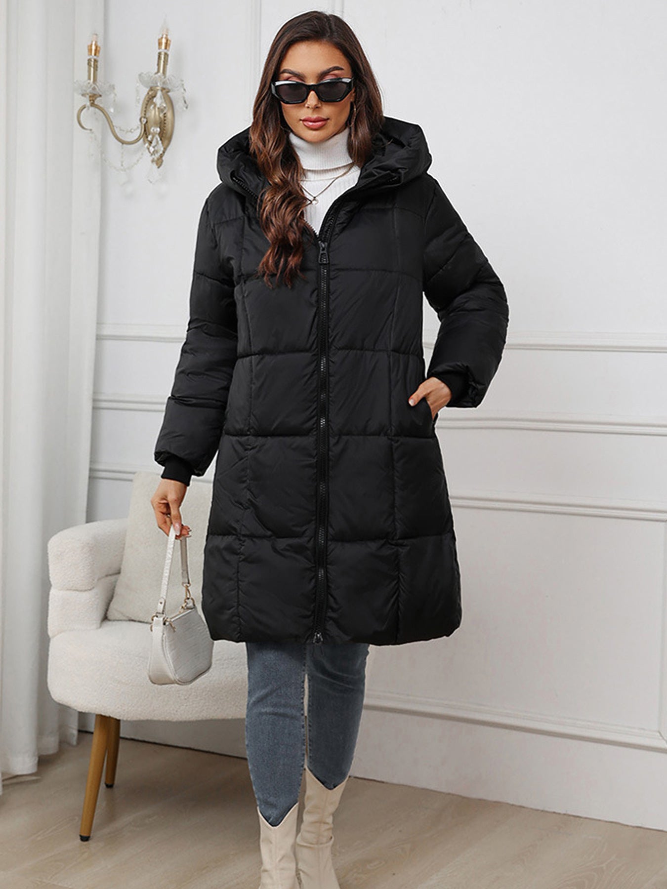 Cozy Long Padded Down Jacket With Hood For Cold Winter Black NALANI