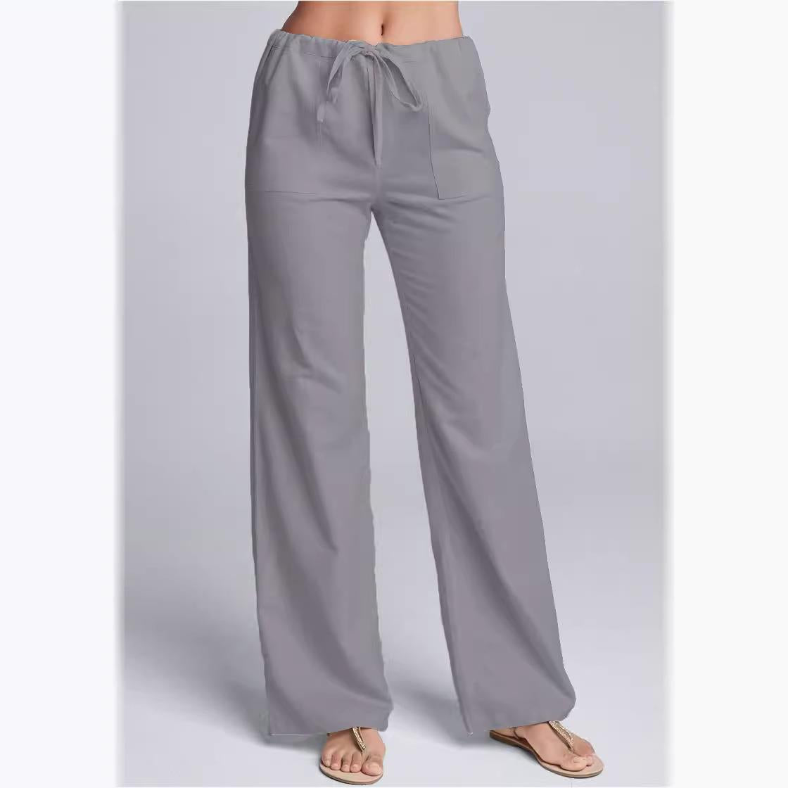 Caleni | Women’s Casual Trousers – Cotton Linen Blend – Loose Fit – Drawstring Waist – Full Length