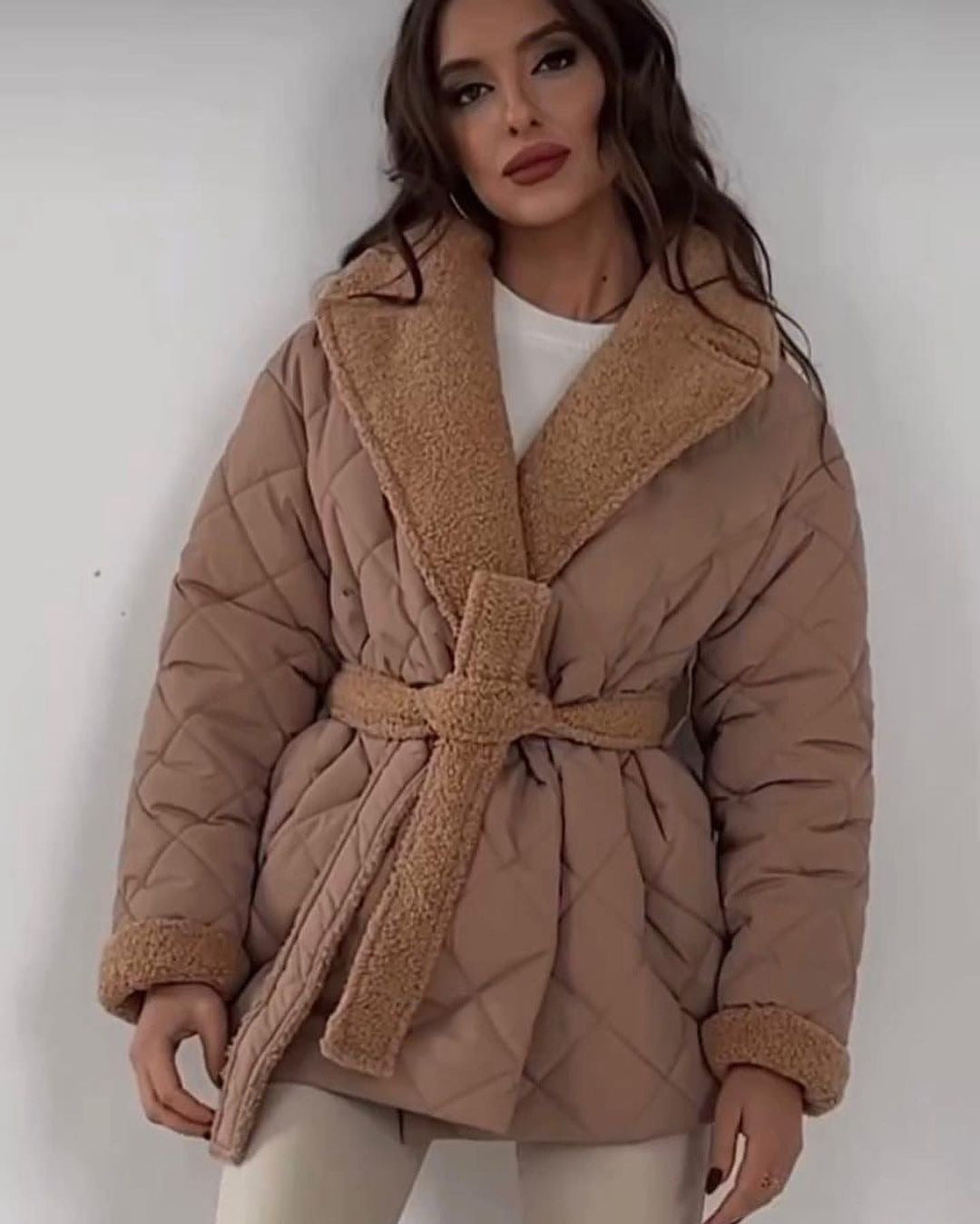 Short Cotton Winter Coat With Lapel And Waist Belt Women Dark brown NALANI
