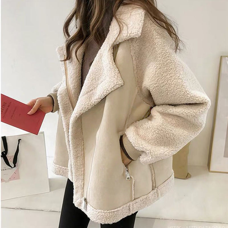 Trendy Thick Warm Lambswool Jacket With Zipper Polo Collar Off-white NALANI