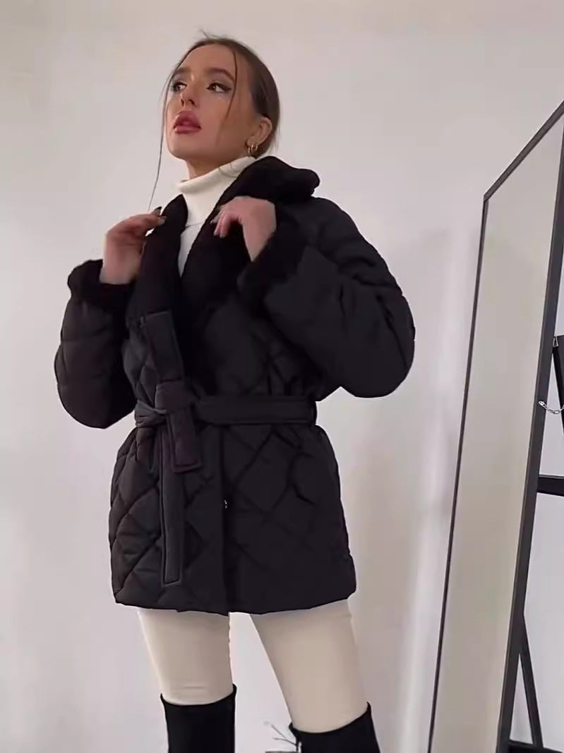 Short Cotton Winter Coat With Lapel And Waist Belt Women NALANI