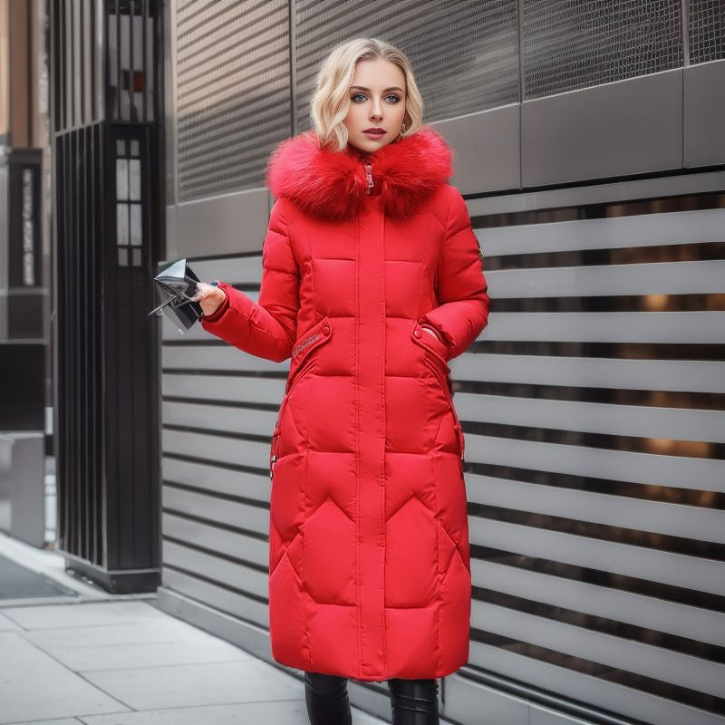 Trendy Midi Womens Coat With Faux Fur Collar Plus Size Red NALANI