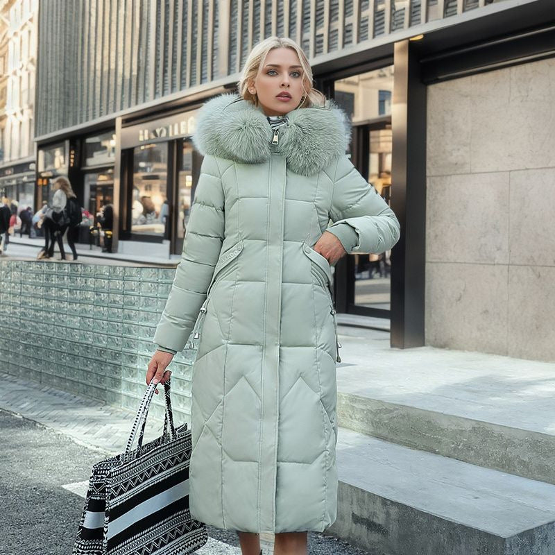 Trendy Midi Womens Coat With Faux Fur Collar Plus Size Green NALANI