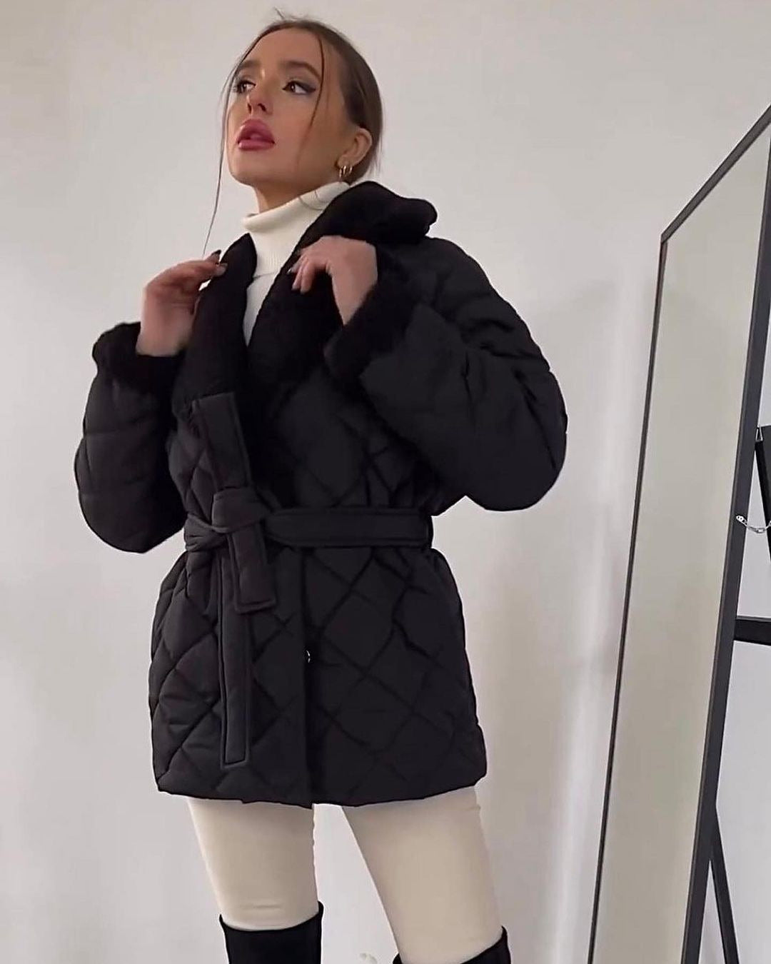 Short Cotton Winter Coat With Lapel And Waist Belt Women Black NALANI