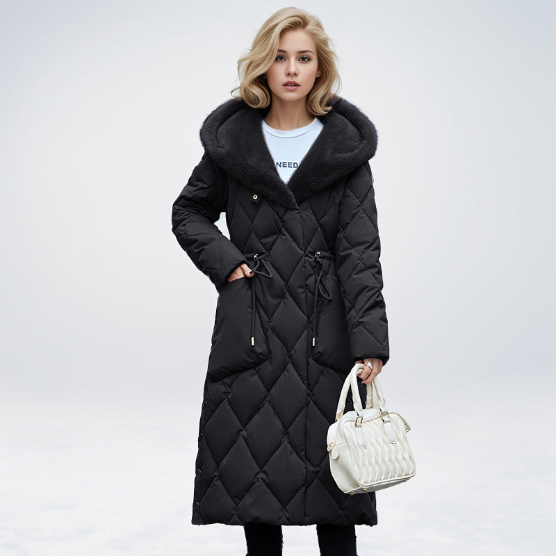 Knee Length Cotton Hooded Jacket With Plush Warm Collar Black NALANI