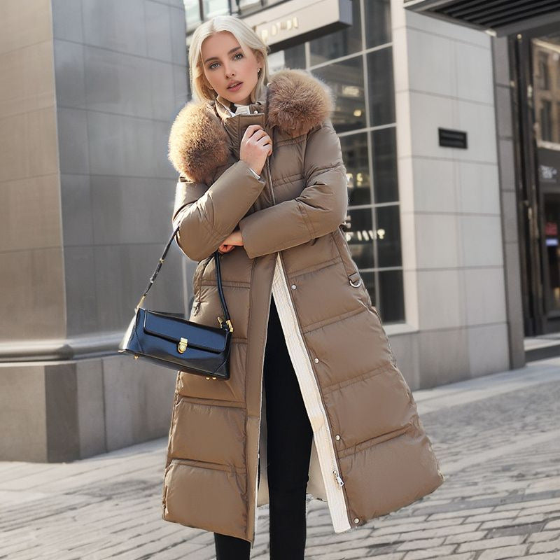 Long Winter Coat For Women With Fur Collar And Belt NALANI