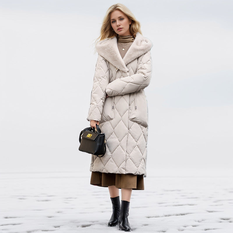Knee Length Cotton Hooded Jacket With Plush Warm Collar White NALANI