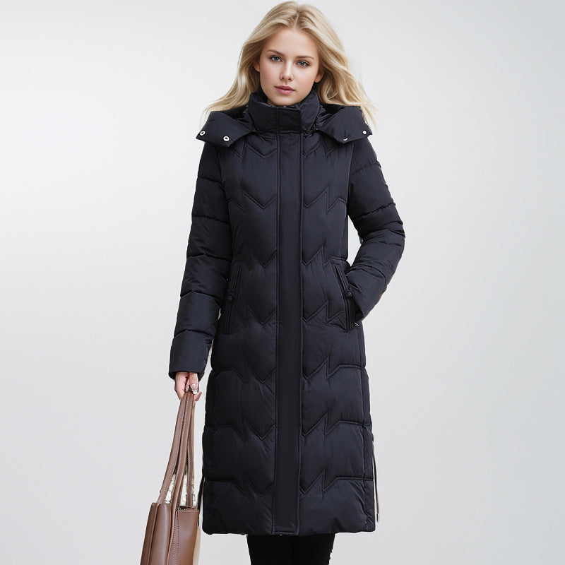 Slim Fit Cotton Puffer Coat With Hood Plus Size Knee Length Black NALANI