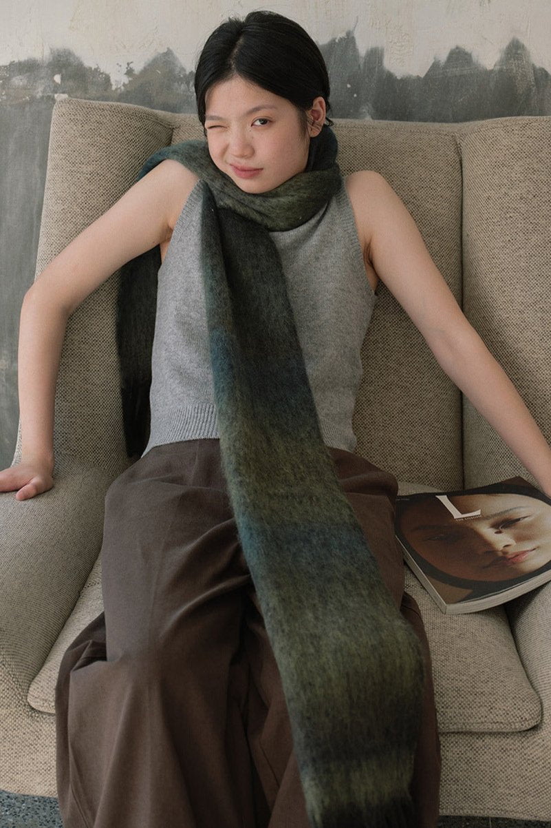 Soft Wool Blend Gradient Fringe Scarf Long Knit Wrap Green NALANI