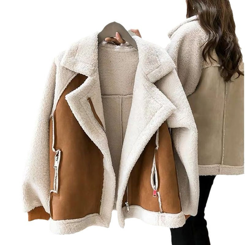 Trendy Thick Warm Lambswool Jacket With Zipper Polo Collar NALANI