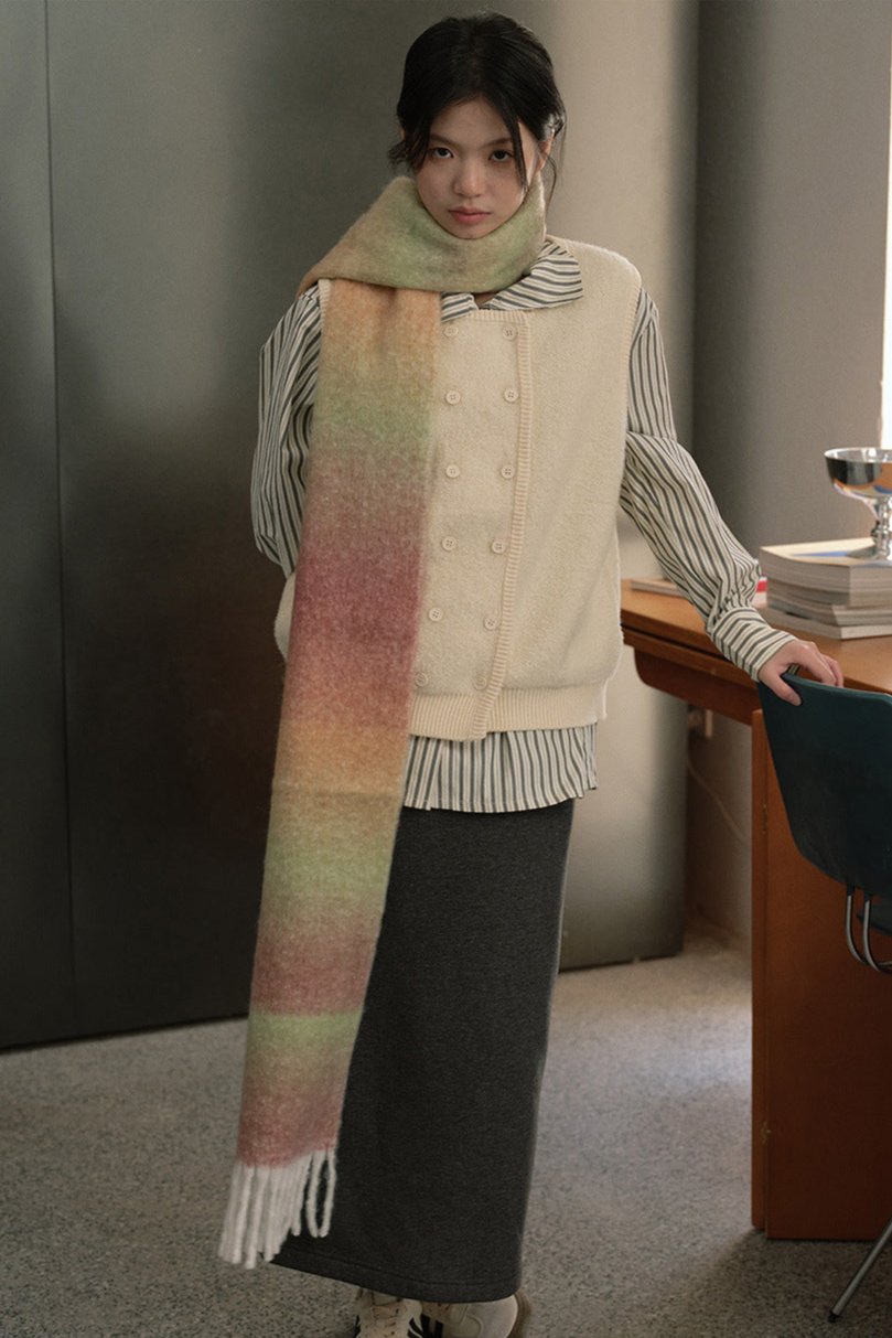 Soft Wool Blend Gradient Fringe Scarf Long Knit Wrap Green Brown NALANI