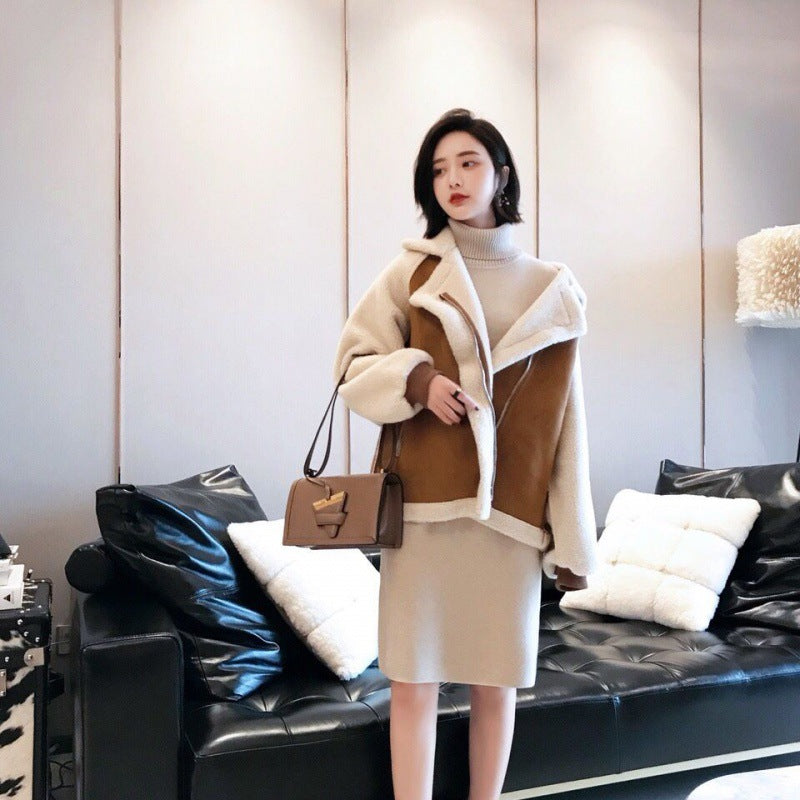 Trendy Thick Warm Lambswool Jacket With Zipper Polo Collar NALANI