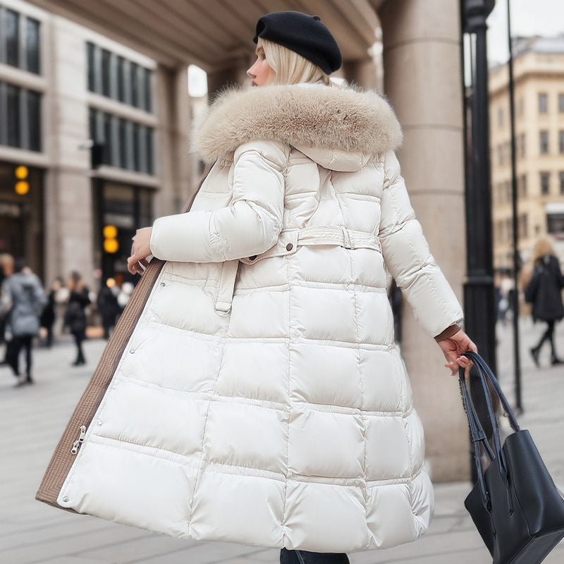 Long Winter Coat For Women With Fur Collar And Belt Off-white NALANI