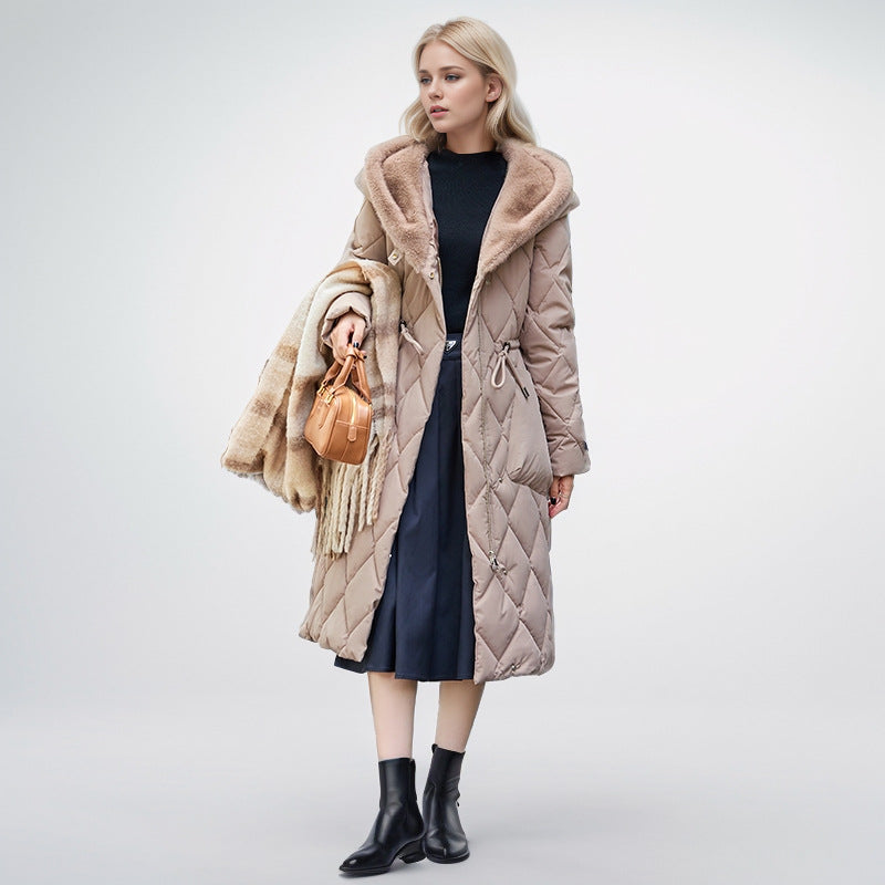 Knee Length Cotton Hooded Jacket With Plush Warm Collar Khaki NALANI