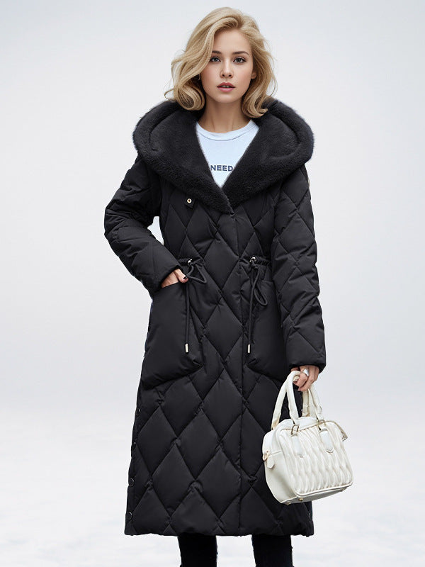 Knee Length Cotton Hooded Jacket With Plush Warm Collar NALANI