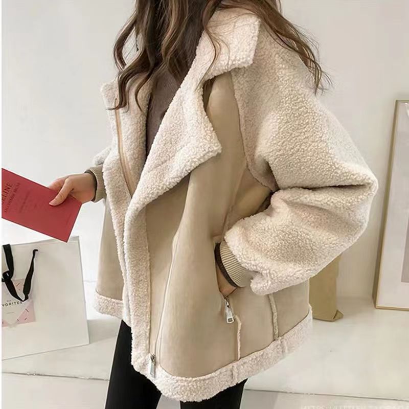 Trendy Thick Warm Lambswool Jacket With Zipper Polo Collar NALANI