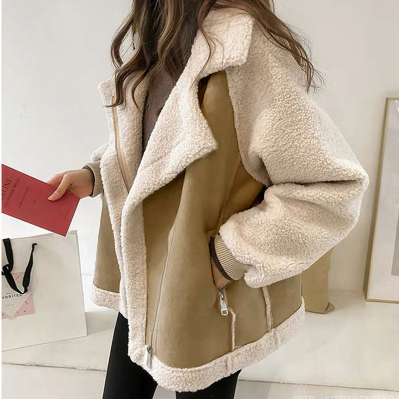 Trendy Thick Warm Lambswool Jacket With Zipper Polo Collar Light khaki NALANI