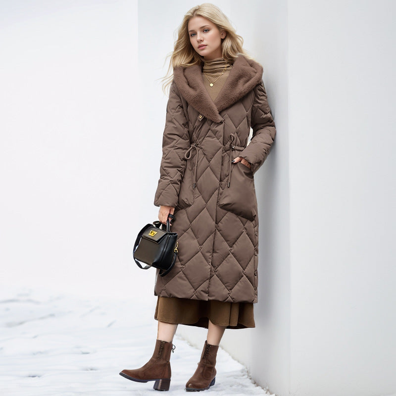 Knee Length Cotton Hooded Jacket With Plush Warm Collar Brown NALANI