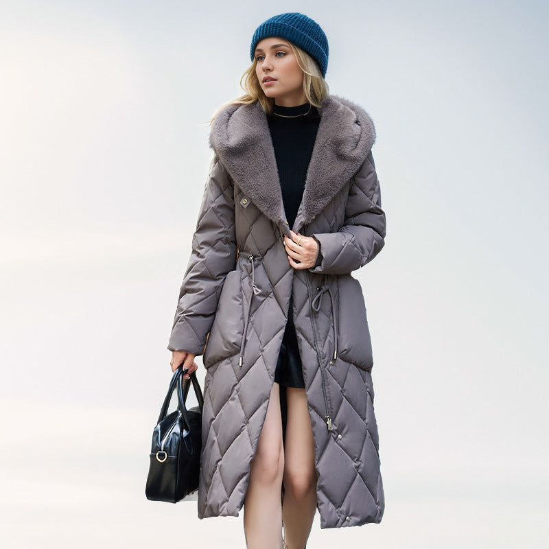 Knee Length Cotton Hooded Jacket With Plush Warm Collar Gray NALANI