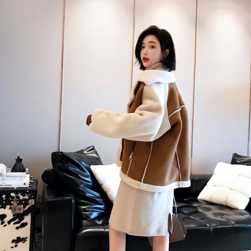 Trendy Thick Warm Lambswool Jacket With Zipper Polo Collar NALANI