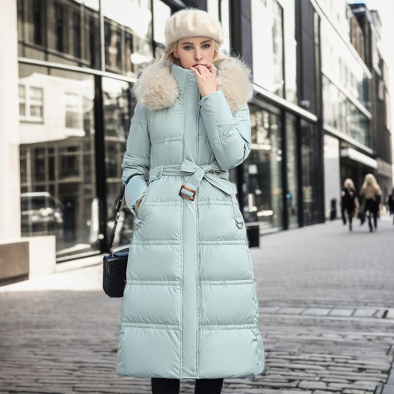 Long Winter Coat For Women With Fur Collar And Belt Green NALANI