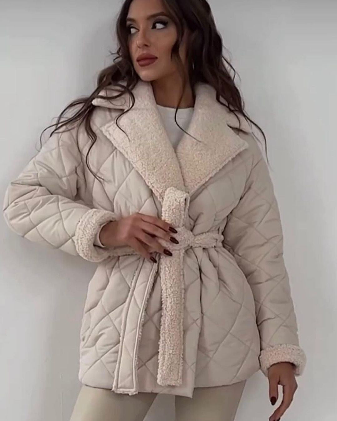 Short Cotton Winter Coat With Lapel And Waist Belt Women Apricot NALANI