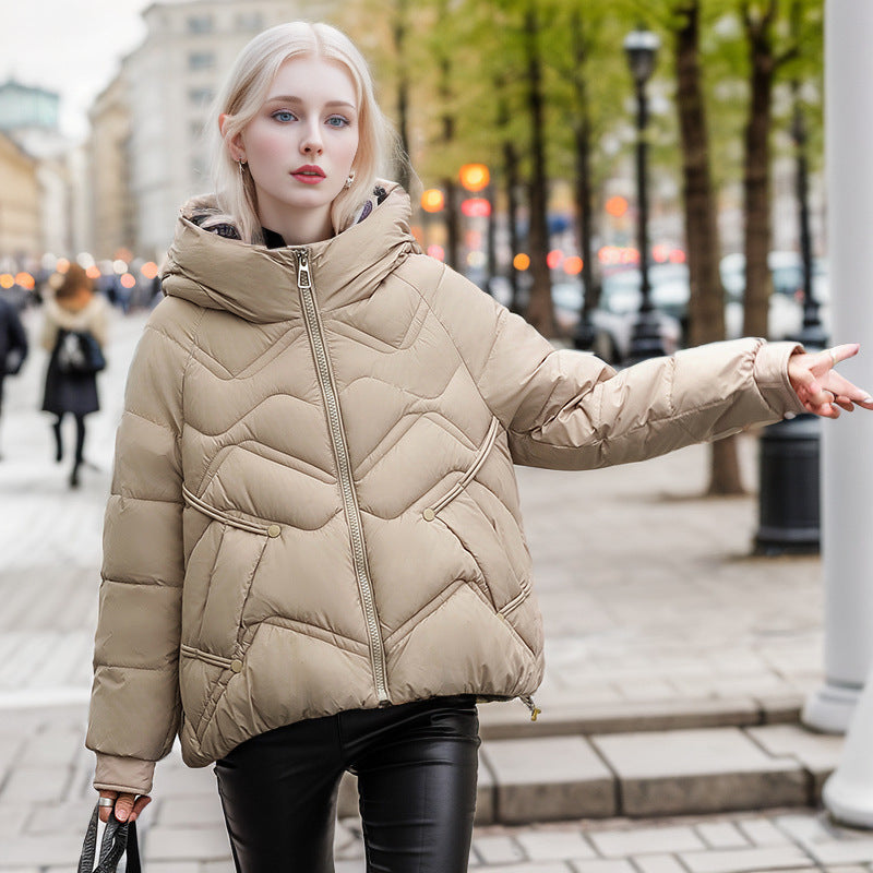 Casual Short Down Jacket With Hood For Women Winter Warm Khaki NALANI