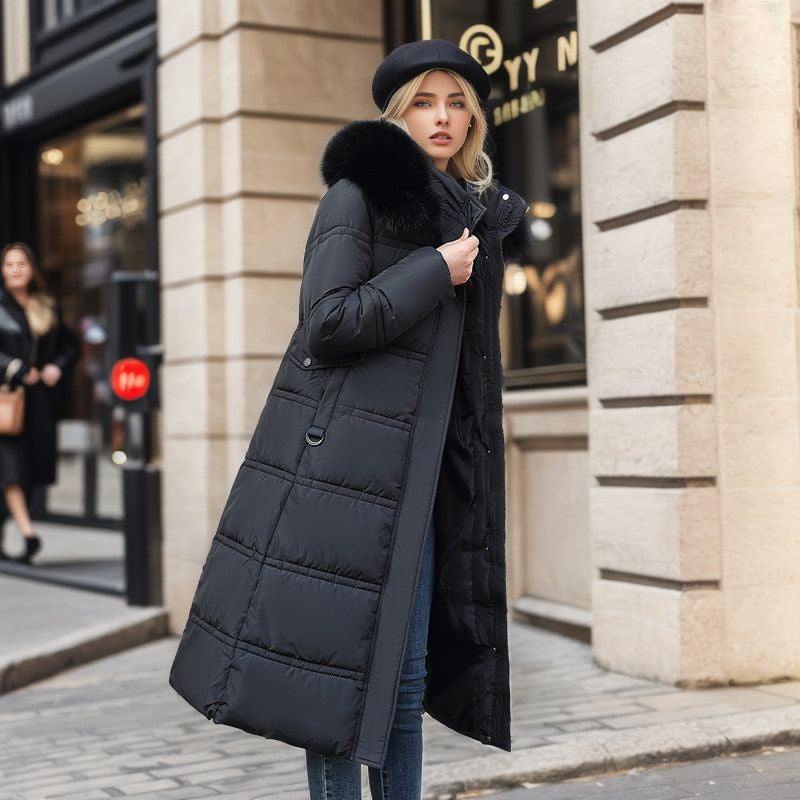 Long Winter Coat For Women With Fur Collar And Belt Completely Black NALANI