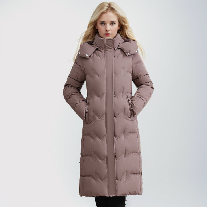 Slim Fit Cotton Puffer Coat With Hood Plus Size Knee Length Brown NALANI