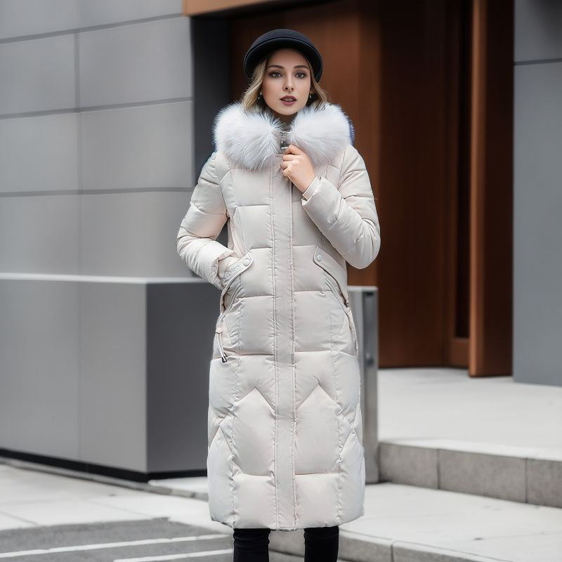 Trendy Midi Womens Coat With Faux Fur Collar Plus Size White NALANI