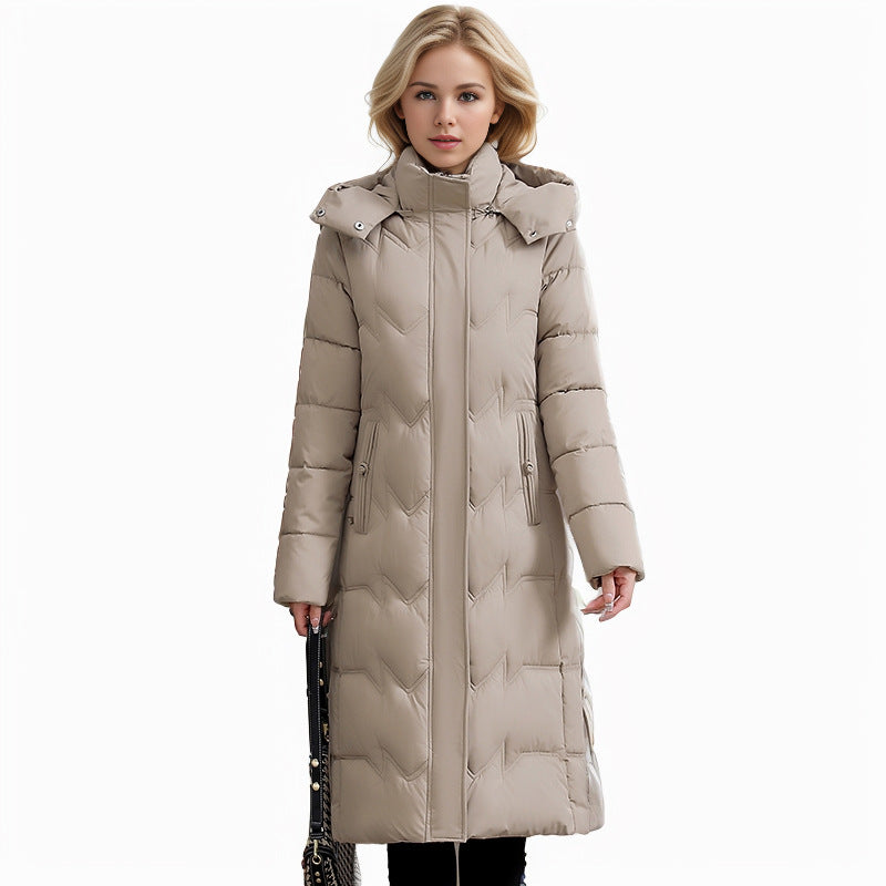 Slim Fit Cotton Puffer Coat With Hood Plus Size Knee Length Khaki NALANI