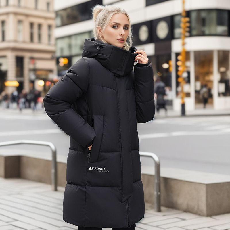 Plus Size Hooded Mid Length Winter Coat For Women Warm Black NALANI