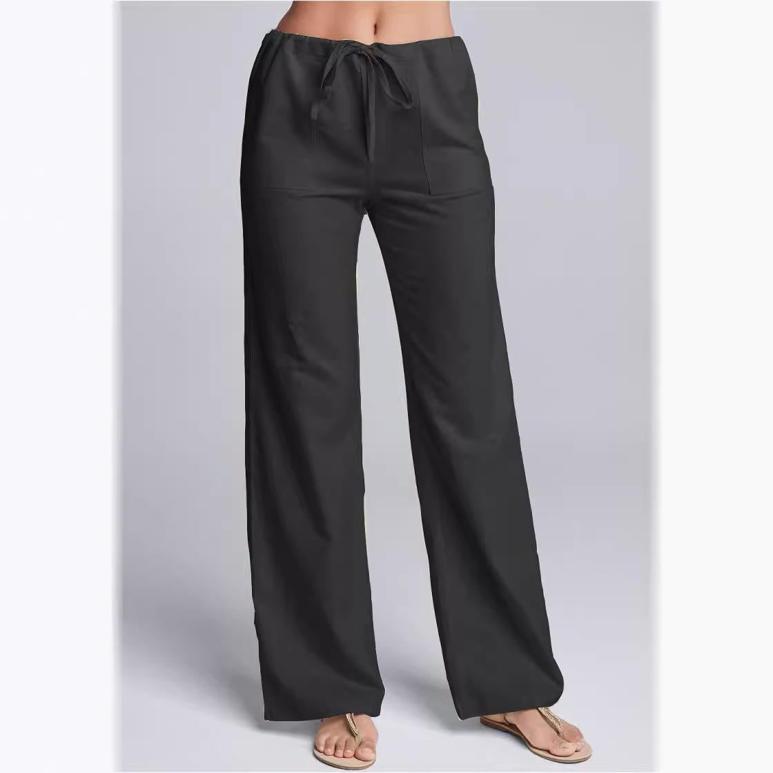 Caleni | Women’s Casual Trousers – Cotton Linen Blend – Loose Fit – Drawstring Waist – Full Length