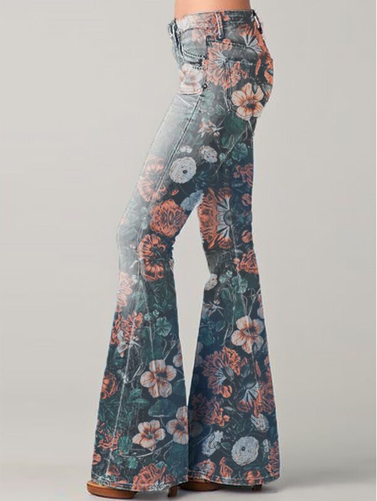 Women’s Flare Jeans – High Waist – Embroidered Patchwork – Retro Boho Style – Full Length