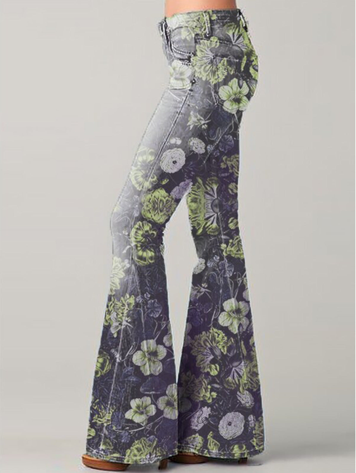 Women’s Flare Jeans – High Waist – Embroidered Patchwork – Retro Boho Style – Full Length