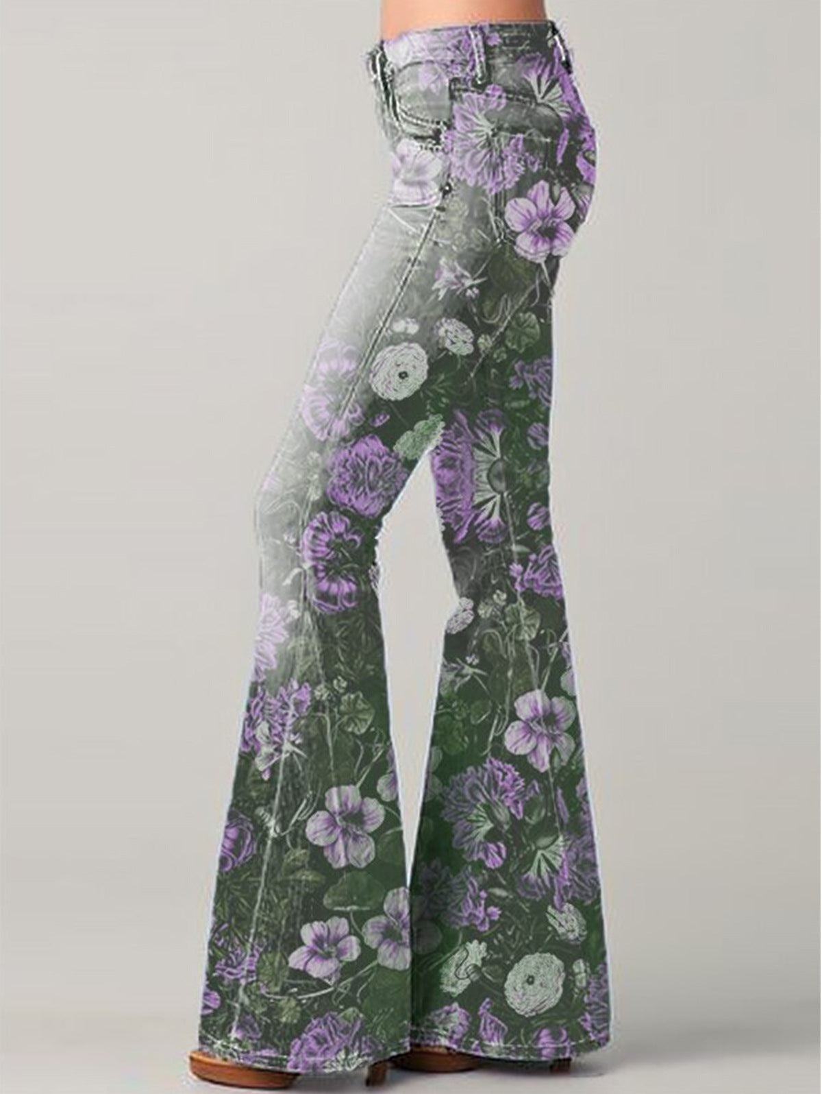 Women’s Flare Jeans – High Waist – Embroidered Patchwork – Retro Boho Style – Full Length