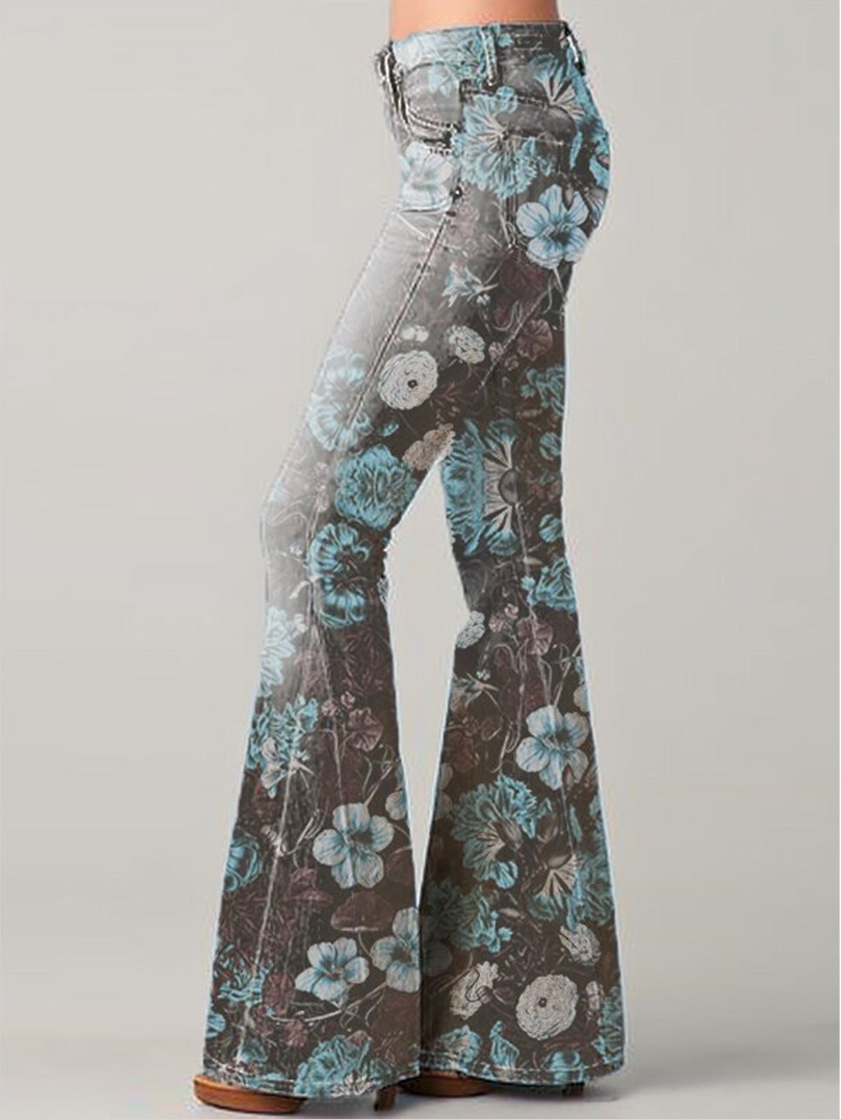 Women’s Flare Jeans – High Waist – Embroidered Patchwork – Retro Boho Style – Full Length