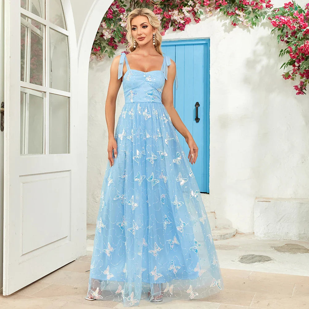 Women's Evening Cocktail Prom Dress - A-Line Silhouette - Butterfly Embroidery - Spaghetti Straps