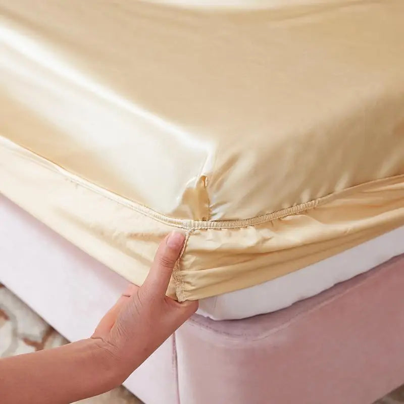 Washable Luxury Satin Elastic Fitted Sheet For Double Bed Beige NALANI