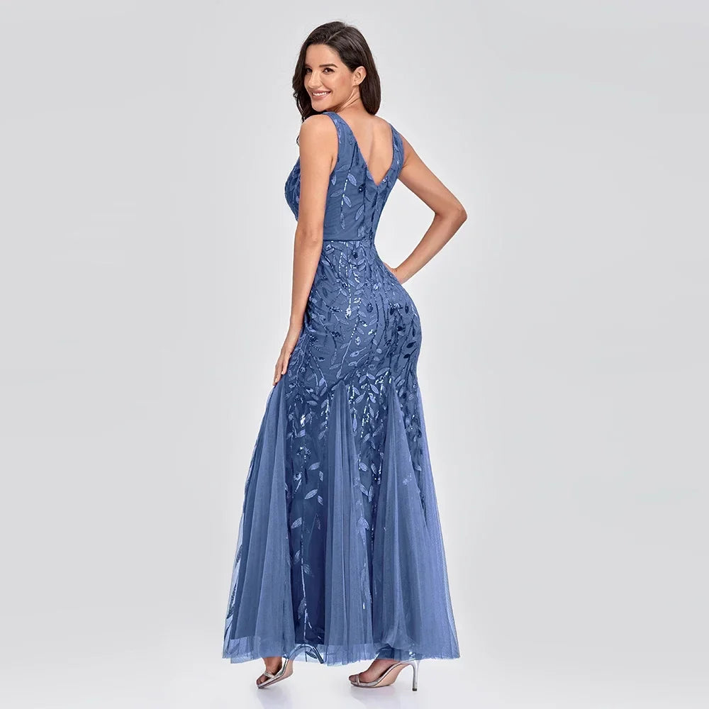 Women's Maxi Prom Gown Dress - Sleeveless V-Neck - Sequin Embellished - Floor-Length Elegant Fit