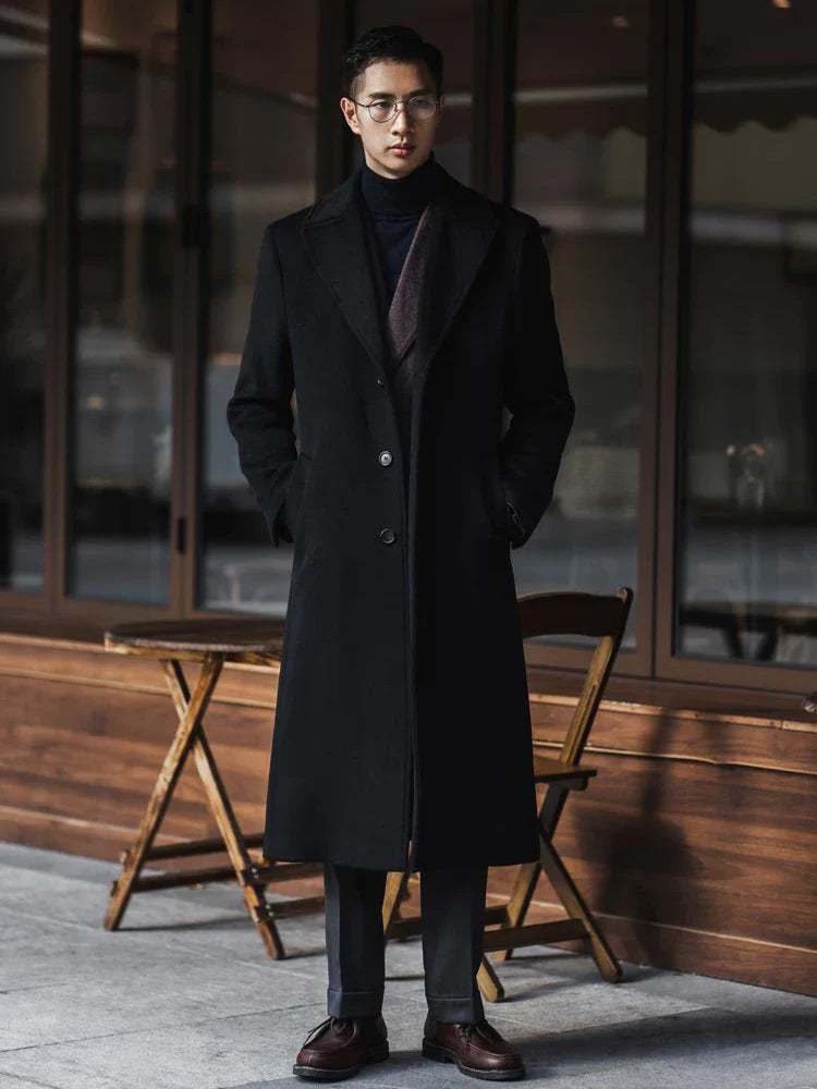 Long Warm Black Trench Coat For Men Wool Blend Winter Ready-Zomer Jassen-NaLani
