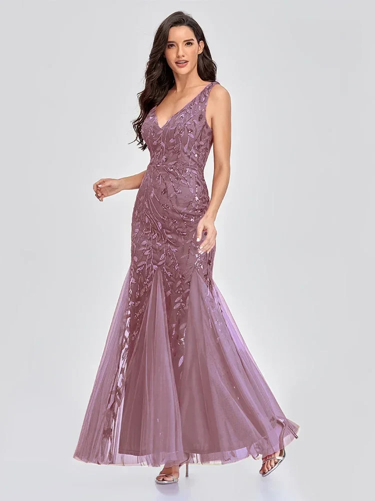 Women's Maxi Prom Gown Dress - Sleeveless V-Neck - Sequin Embellished - Floor-Length Elegant Fit