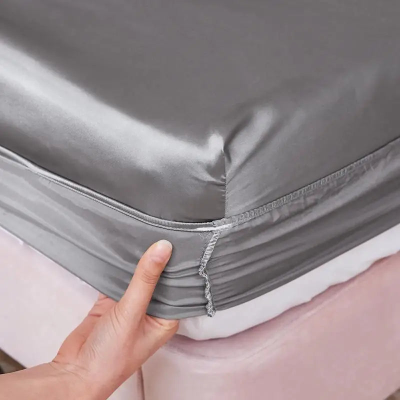 Washable Luxury Satin Elastic Fitted Sheet For Double Bed Silver NALANI