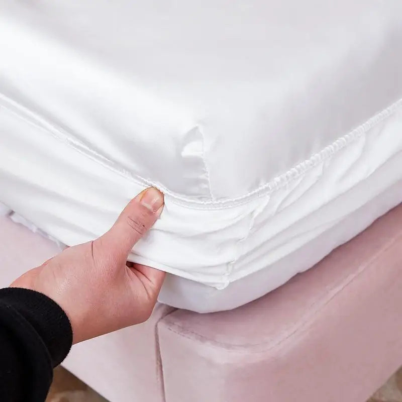 Washable Luxury Satin Elastic Fitted Sheet For Double Bed White NALANI